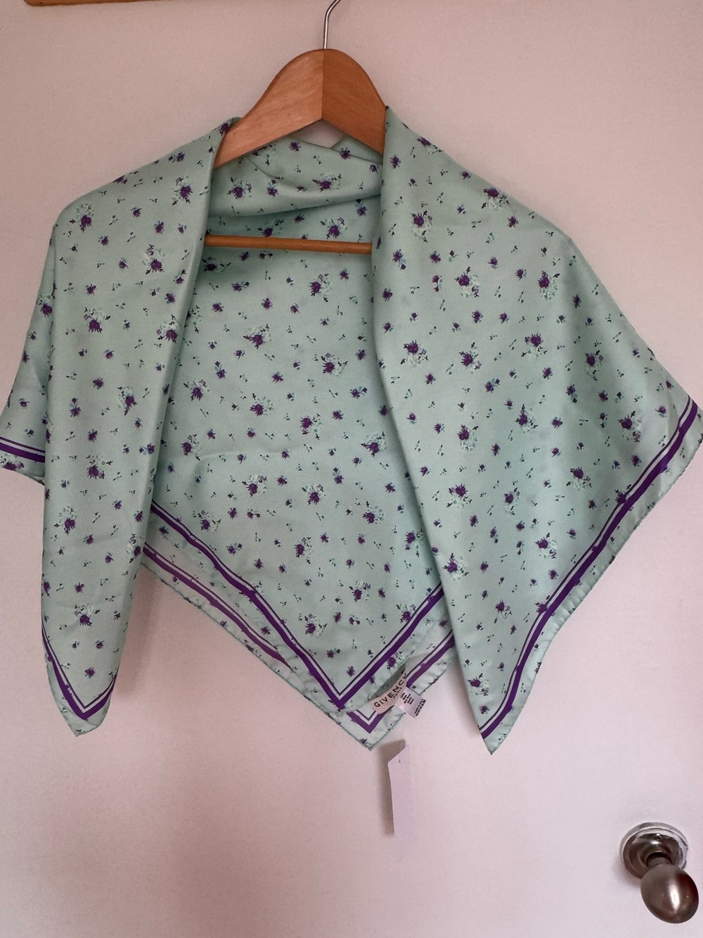 New Authentic Givenchy Mint Green Silk Scarf with Purple Border